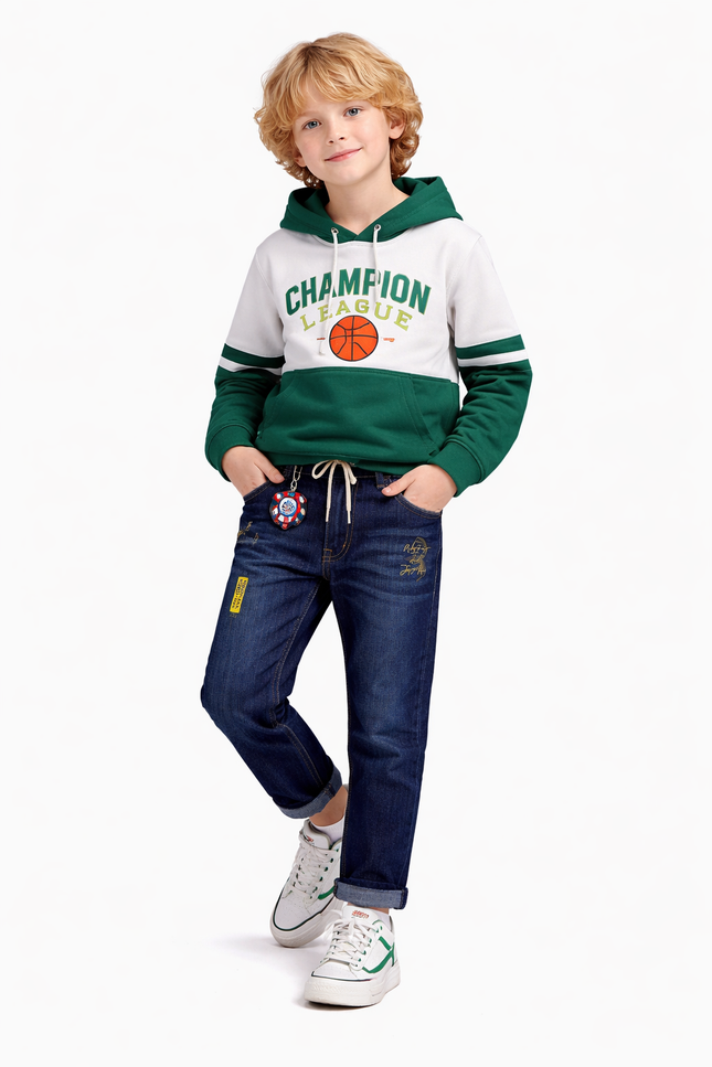 Kids' Deep Blue Drawstring Denim – Streetwear Style Graphic Trousers with Superhero Keychain