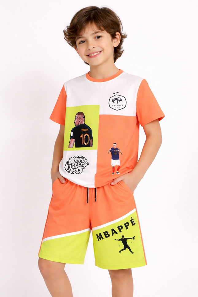Boys' Mbappé Football Graphic T-Shirt and Shorts 2-Piece Set – Neon Orange & Lime