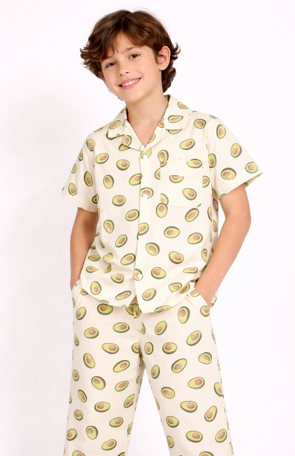 Kids' Avocado Print Pajama Set – Cream Button-Down Shirt and Matching Trousers