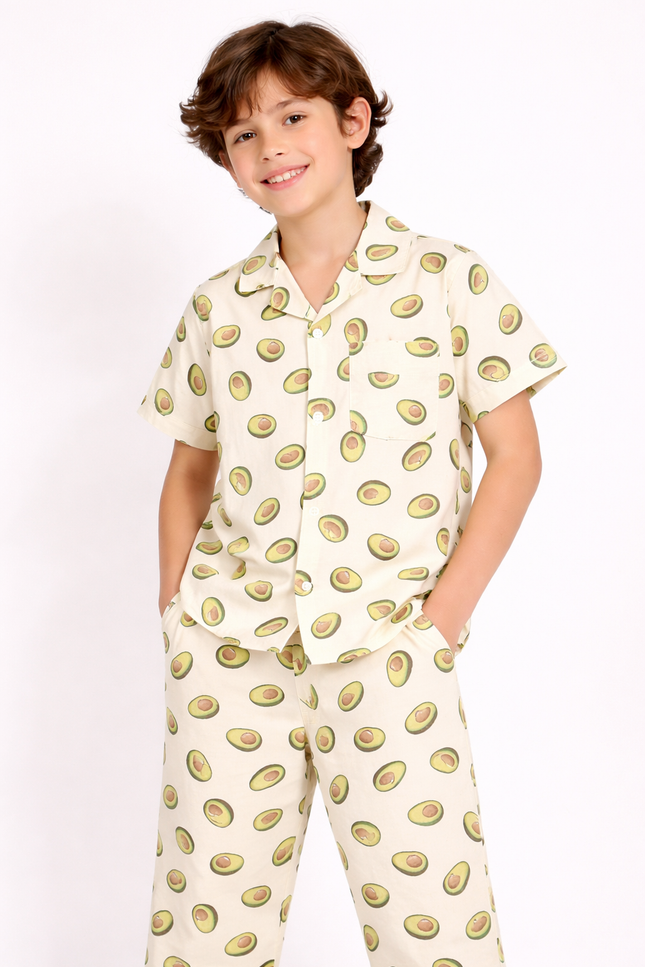 Kids' Avocado Print Pajama Set – Cream Button-Down Shirt and Matching Trousers