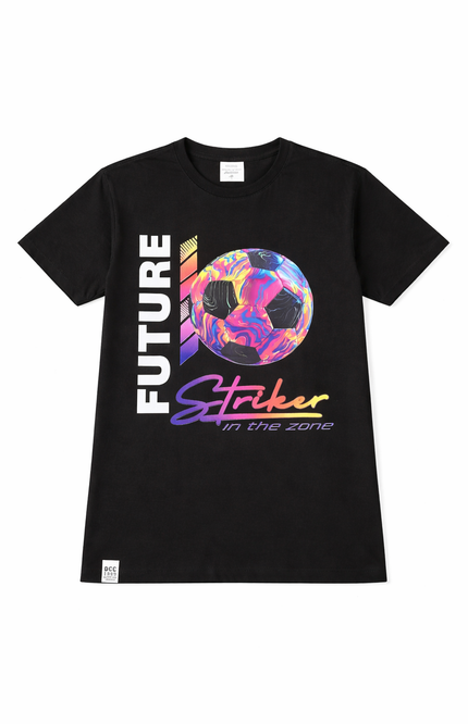 Boys' Black "Future Striker" Graphic Tee – Neon Football Print T-Shirt