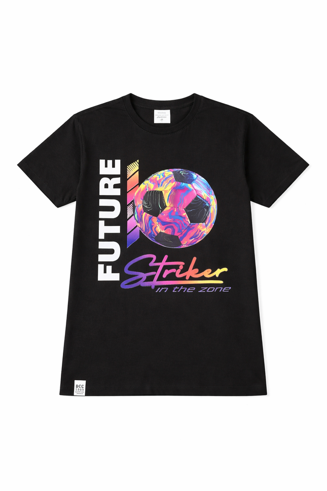 Boys' Black "Future Striker" Graphic Tee – Neon Football Print T-Shirt