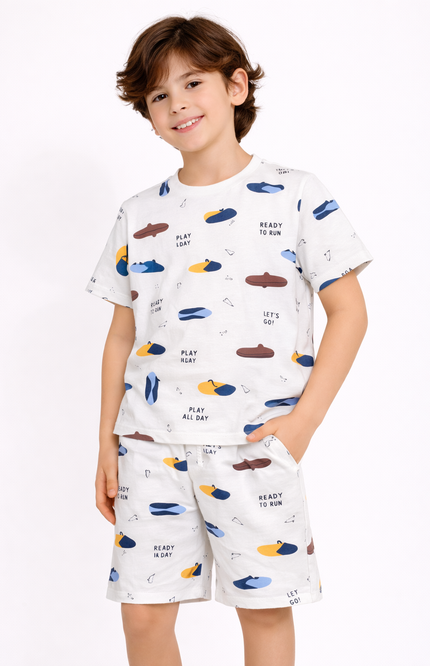 Kids' White Skateboard Print Pajama Set – Short-Sleeved Tee and Shorts