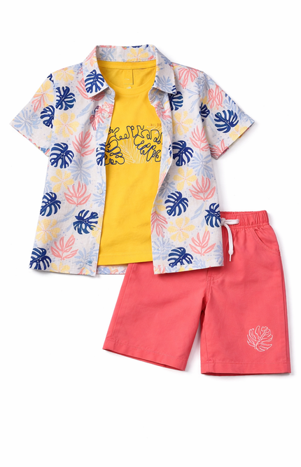 Kids' 3-Piece Summer Set – Tropical Leaf Print Shirt, Yellow Graphic Tee, and Coral Shorts