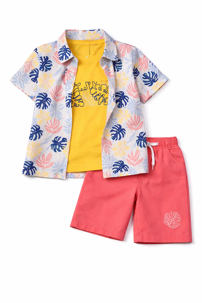 Kids' 3-Piece Summer Set – Tropical Leaf Print Shirt, Yellow Graphic Tee, and Coral Shorts