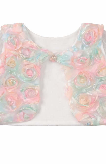 Girls' White Tulle Party Dress with Matching Iridescent Rosette Bolero Jacket