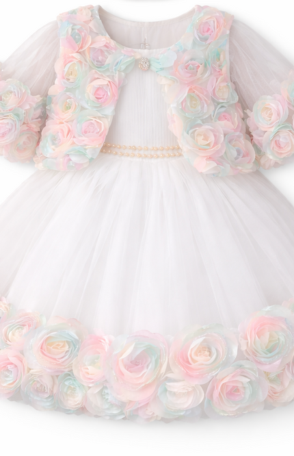 Girls' White Tulle Party Dress with Matching Iridescent Rosette Bolero Jacket