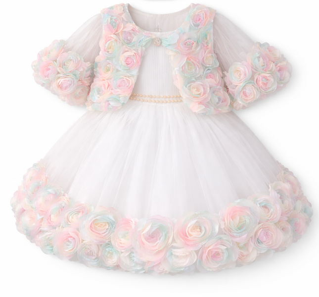 Girls' White Tulle Party Dress with Matching Iridescent Rosette Bolero Jacket