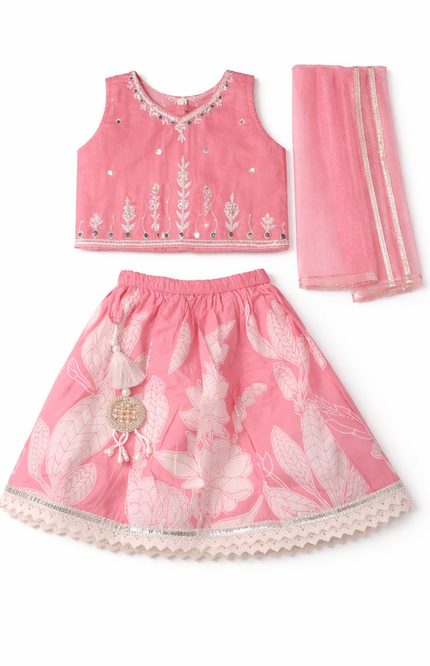 Girls' Candy Pink Lehenga Choli with Silver Zari Embroidery and Lace Border