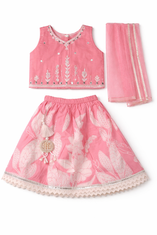 Girls' Candy Pink Lehenga Choli with Silver Zari Embroidery and Lace Border