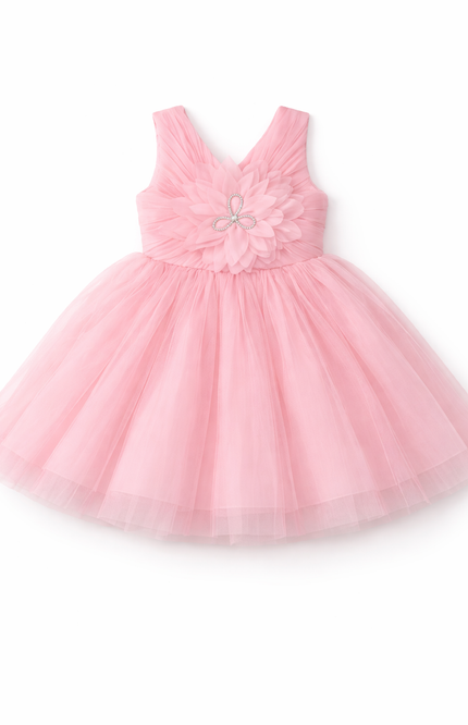 Infant Girls' Blush Pink Pleated Tulle Party Dress with Large 3D Flower