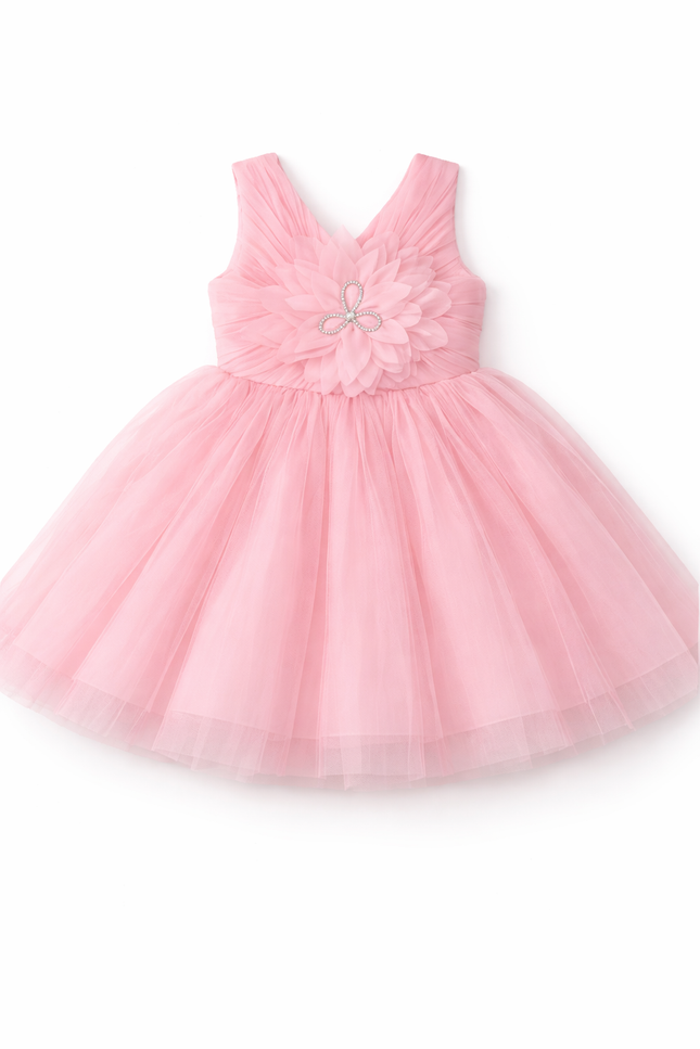 Infant Girls' Blush Pink Pleated Tulle Party Dress with Large 3D Flower