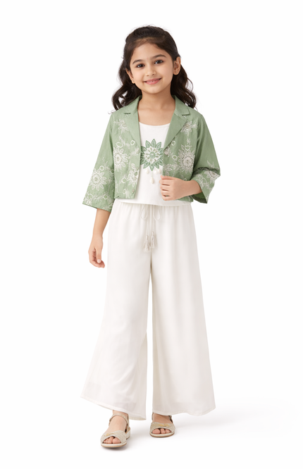 Girls' Sage Green Floral Embroidered Jacket and White Wide-Leg Palazzo Set