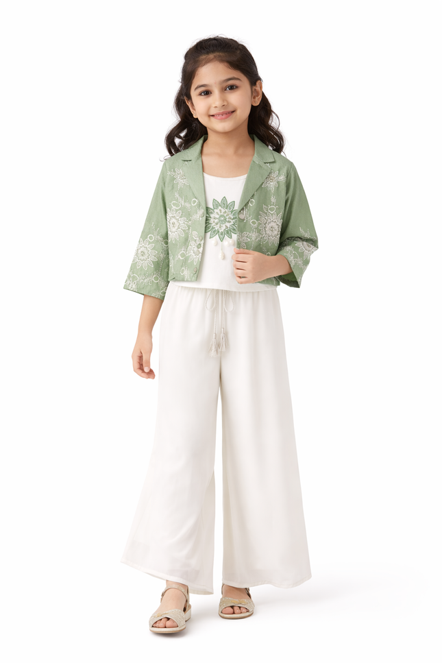 Girls' Sage Green Floral Embroidered Jacket and White Wide-Leg Palazzo Set