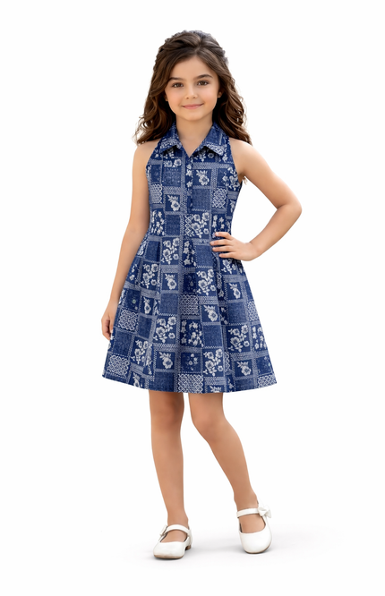 Kids' Maroon Tile-Print A-Line Dress – Sleeveless Collared Tunic