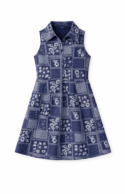 Kids' Maroon Tile-Print A-Line Dress – Sleeveless Collared Tunic
