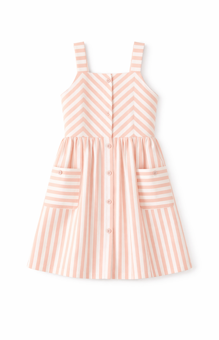 Girls' Striped Cotton Sleeveless Dress – Multi-Directional Pattern with Patch Pockets