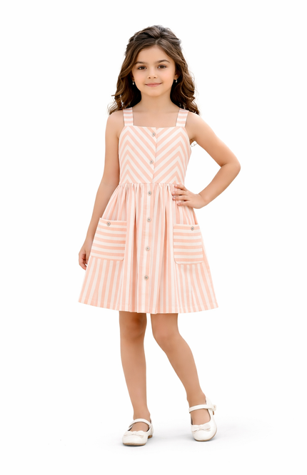 Girls' Striped Cotton Sleeveless Dress – Multi-Directional Pattern with Patch Pockets