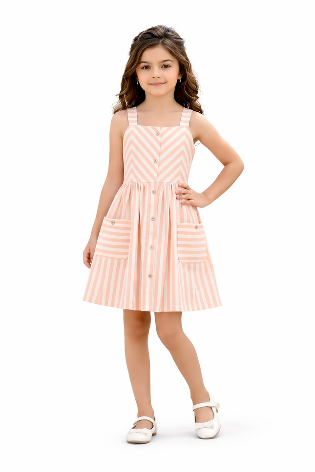 Girls' Striped Cotton Sleeveless Dress – Multi-Directional Pattern with Patch Pockets