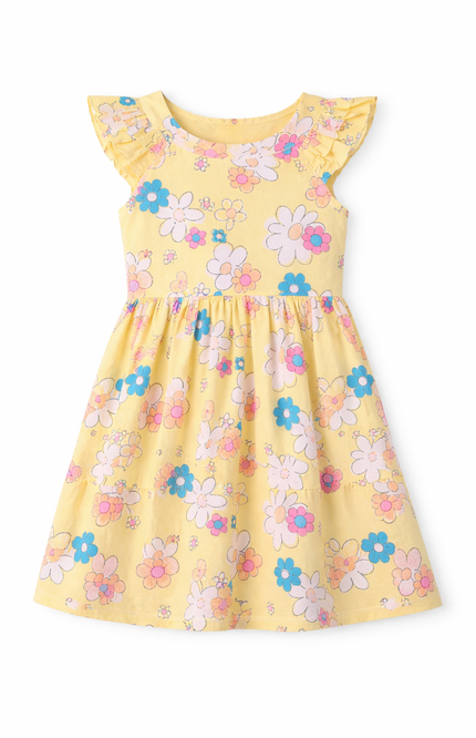 Girls' Floral Tiered Cotton Dress with Ruffle Flutter Sleeves