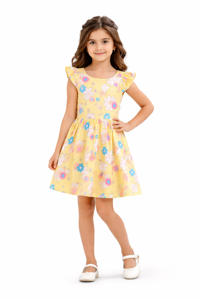 Girls' Floral Tiered Cotton Dress with Ruffle Flutter Sleeves