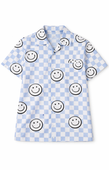 "Happy Vibes" 2-Piece Sleepwear Set – Button-Down Short Sleeve Shirt and Drawstring Trousers