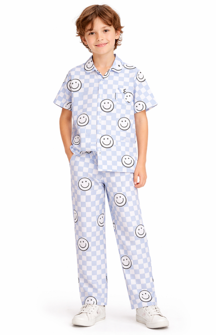 "Happy Vibes" 2-Piece Sleepwear Set – Button-Down Short Sleeve Shirt and Drawstring Trousers