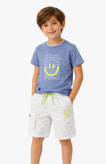 Boys' Blue Slub-Texture Graphic T-Shirt and White Cargo Shorts 2-Piece Set