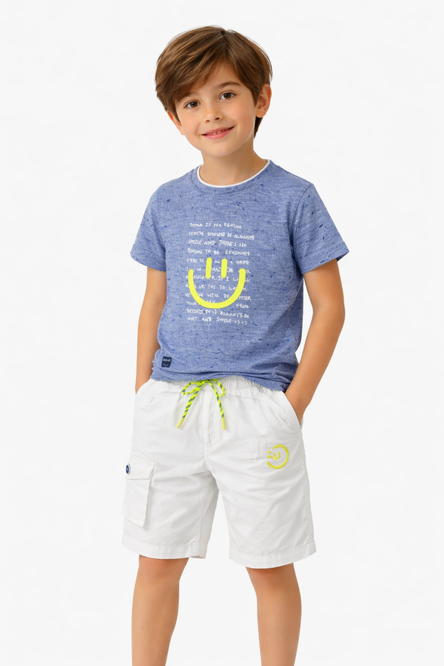 Boys' Blue Slub-Texture Graphic T-Shirt and White Cargo Shorts 2-Piece Set