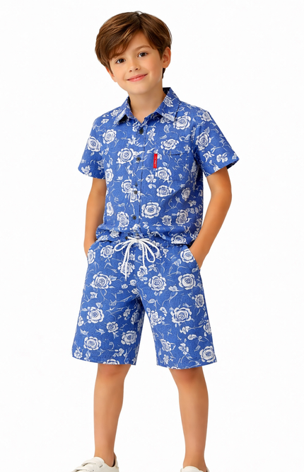 Boys' Royal Blue Floral Button-Down Shirt and Matching Drawstring Shorts Set