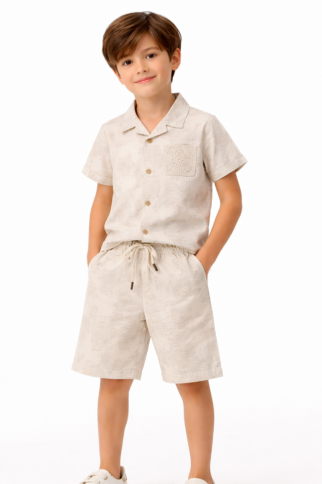 Boys' Cream Vintage Map Print Shirt and Drawstring Shorts 2-Piece Set