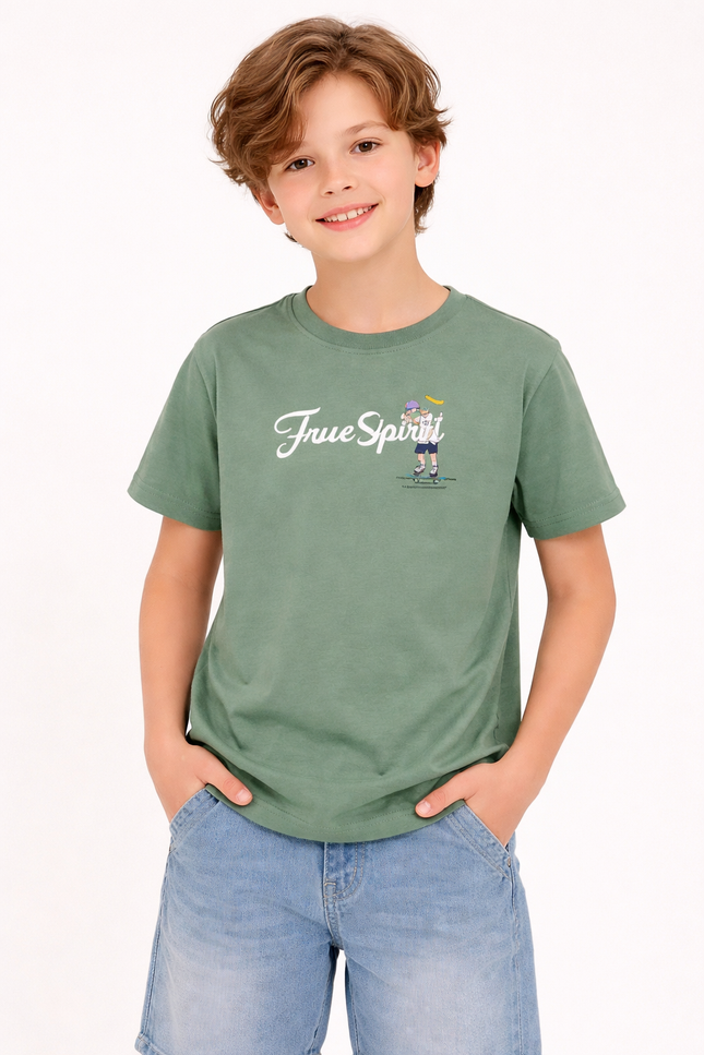 Kids' Olive Green Crew Neck T-Shirt with White Script and Character Graphic