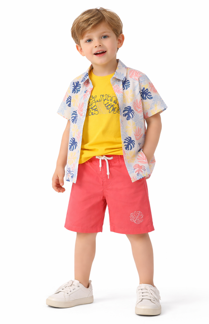Kids' 3-Piece Summer Set – Tropical Leaf Print Shirt, Yellow Graphic Tee, and Coral Shorts