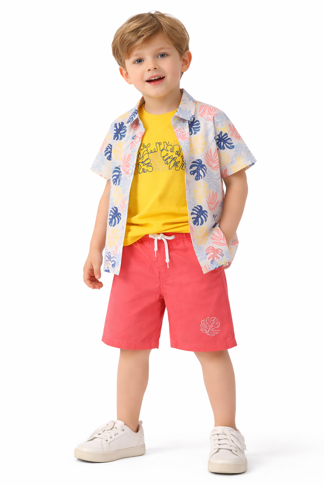 Kids' 3-Piece Summer Set – Tropical Leaf Print Shirt, Yellow Graphic Tee, and Coral Shorts