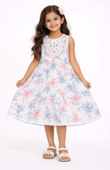 Kids' Soft Cotton Summer Gown – Pink and Blue Floral Tiered Dress with Sleeves
