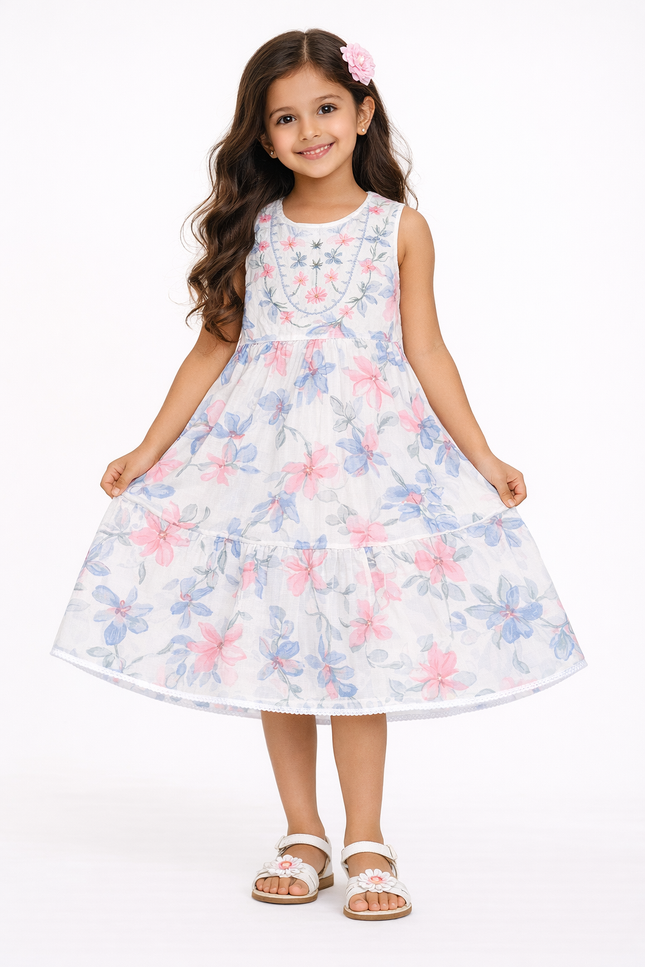 Kids' Soft Cotton Summer Gown – Pink and Blue Floral Tiered Dress with Sleeves