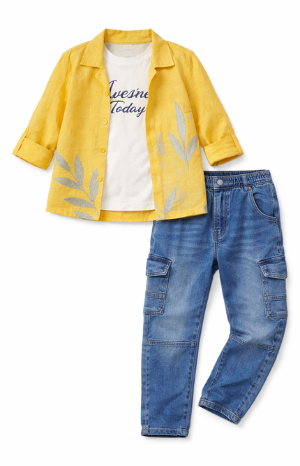 Kids' 3-Piece Vacation Outfit – Embroidered Yellow Shrug, Graphic Tee, and Utility Cargo Pants