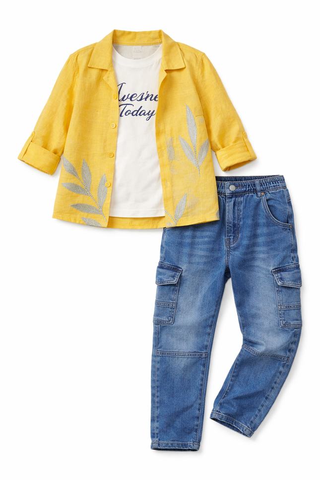 Kids' 3-Piece Vacation Outfit – Embroidered Yellow Shrug, Graphic Tee, and Utility Cargo Pants