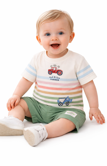 Infant Boys' Multi-Color Striped T-Shirt and Sage Green Shorts Set
