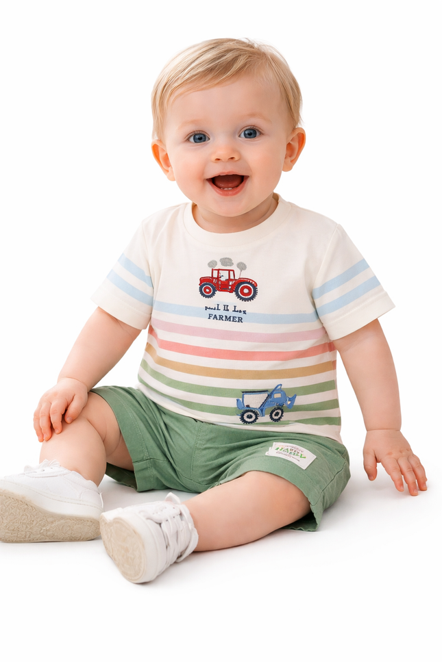 Infant Boys' Multi-Color Striped T-Shirt and Sage Green Shorts Set