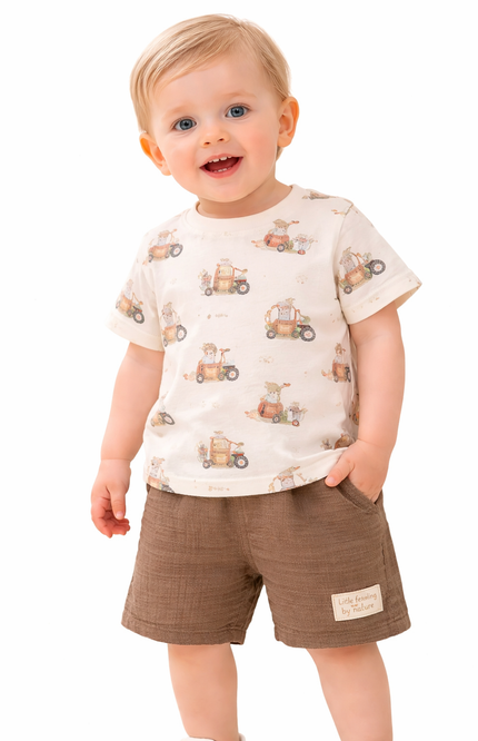 Infant Boys' Cream All-Over Tractor Print Tee and Brown Slub-Textured Shorts Set