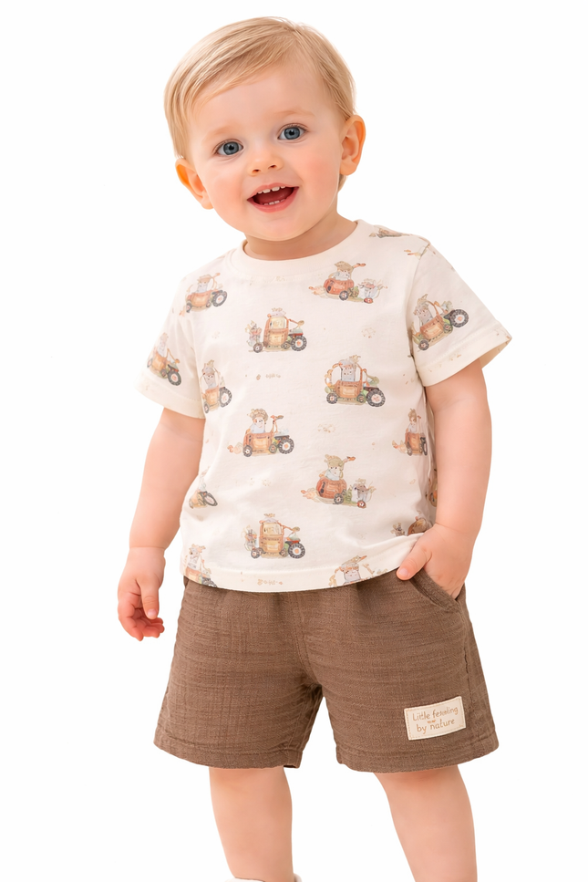 Infant Boys' Cream All-Over Tractor Print Tee and Brown Slub-Textured Shorts Set