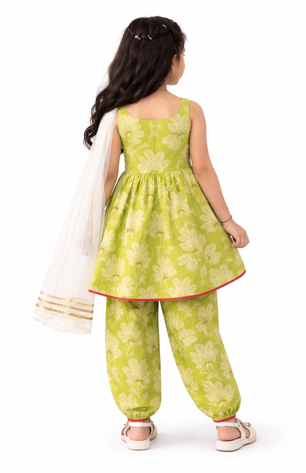 Girls' Lime Green Floral High-Low Kurta and Dhoti Pant Set with Net Dupatta
