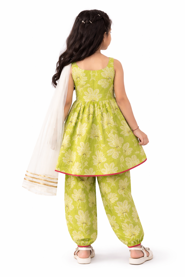Girls' Lime Green Floral High-Low Kurta and Dhoti Pant Set with Net Dupatta