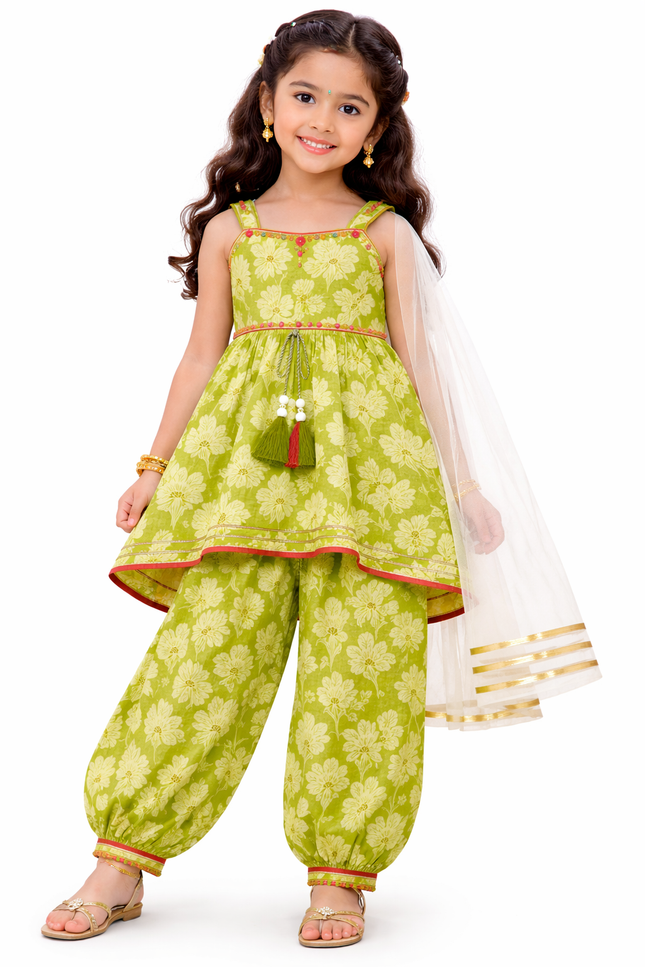 Girls' Lime Green Floral High-Low Kurta and Dhoti Pant Set with Net Dupatta