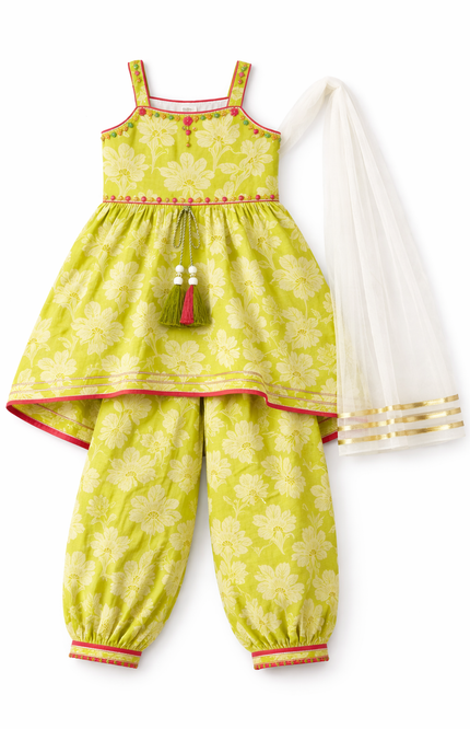 Girls' Lime Green Floral High-Low Kurta and Dhoti Pant Set with Net Dupatta