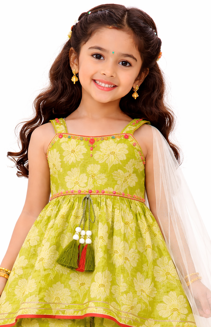 Girls' Lime Green Floral High-Low Kurta and Dhoti Pant Set with Net Dupatta