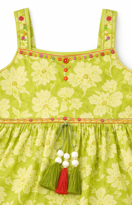 Girls' Lime Green Floral High-Low Kurta and Dhoti Pant Set with Net Dupatta