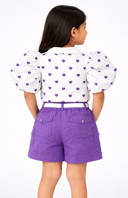 Girls White & Purple Heart Print Top with Shorts Set – Stylish Casual Wear