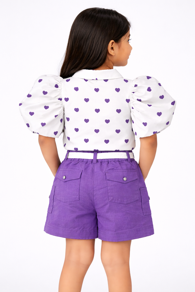 Girls White & Purple Heart Print Top with Shorts Set – Stylish Casual Wear
